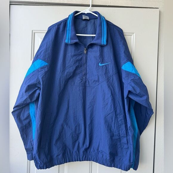 Vtg 90s Nike Windbreaker Jacket Blue Mock Neck Zip Nylon Embroidered Logo Sz XL - Picture 1 of 12
